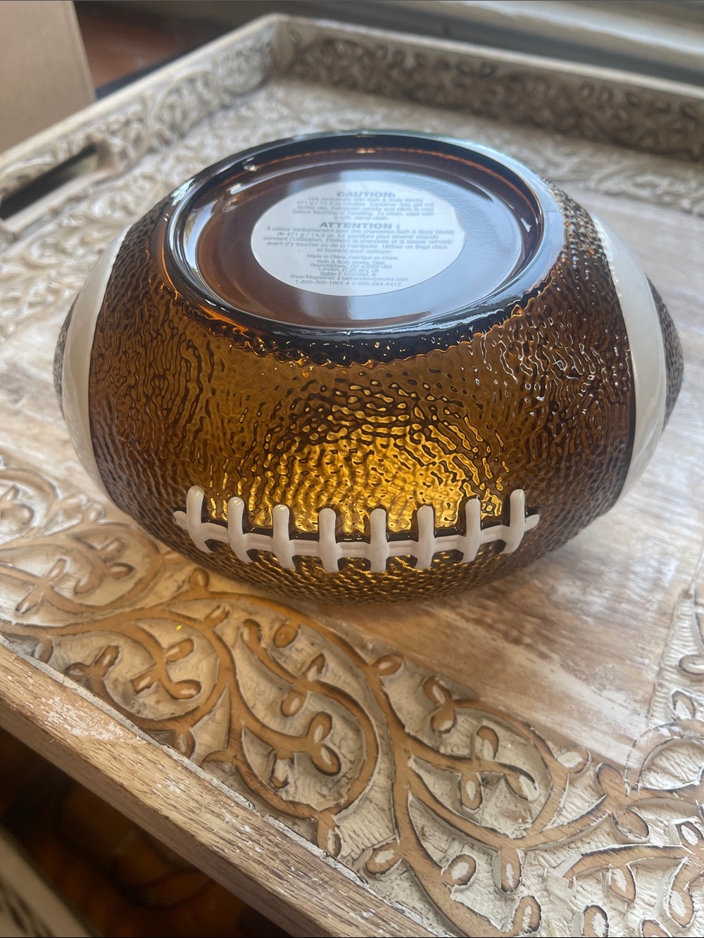 Bath & Body Works Amber Glass Football Candle Holder with White Lace Detail